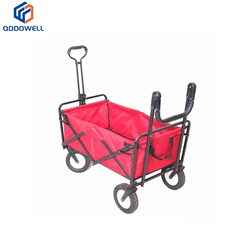 Folded View Of Foldable Wagon Cart Push Pull All Terrain 360° Rotating Wheels With Push Handle